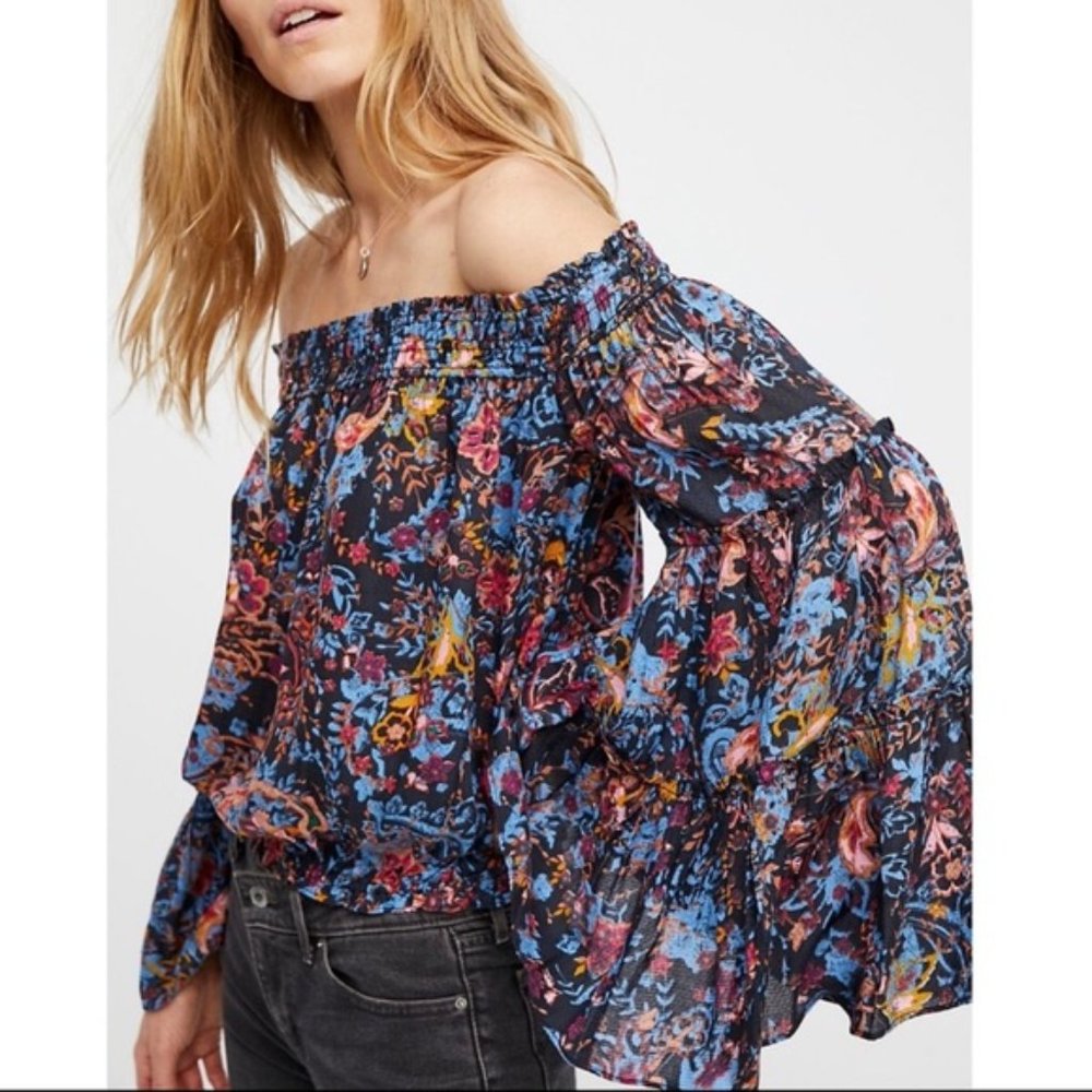 Free People Free Spirited Off The Shoulder Top Bell Sleeve Boho Floral Blouse XS - Picture 5 of 15